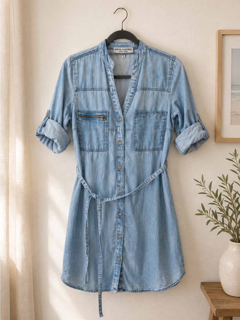 Speed Control New York S Denim Chambray short dress, button down, tie waist